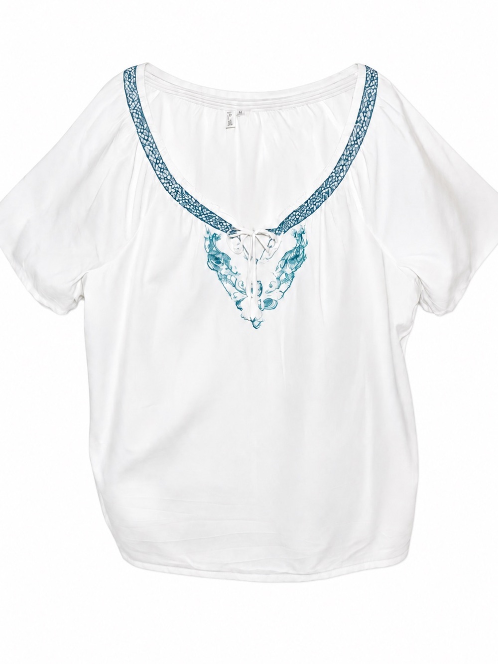 Boho White Peasant Top w/ Turquoise Embroidery | Cottagecore Coastal Festival - Picture 2 of 6